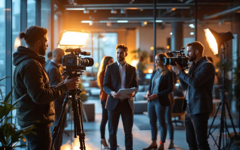 Équipe d'entreprise filmant une vidéo corporate dans un bureau moderne vitré, six personnes : réalisateur avec clipboard, caméramans utilisant caméras professionnelles et rigs, intervenant en costume, éclairage chaud mélangé à une douce lumière naturelle volumétrique.