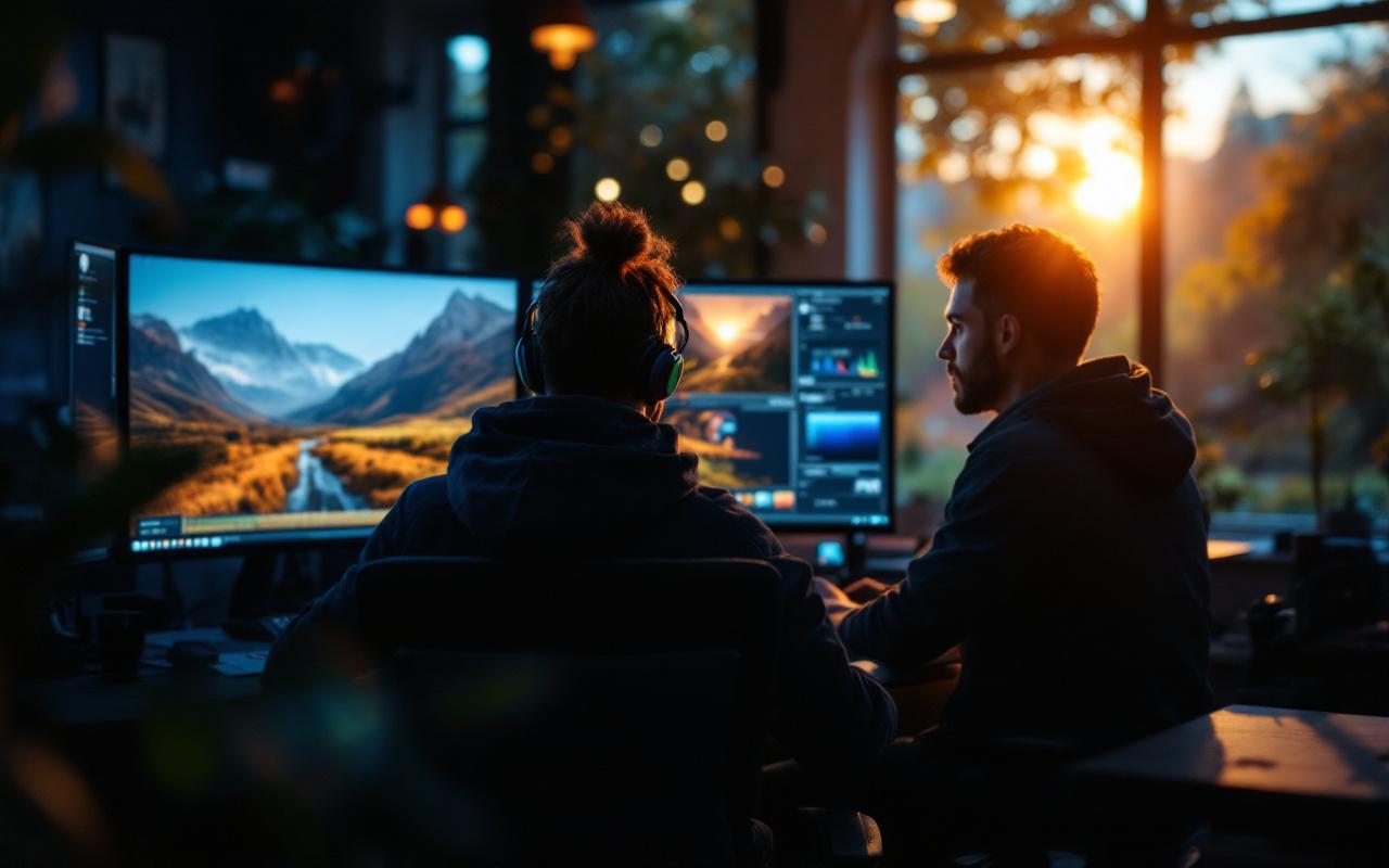 Un monteur vidéo utilise un logiciel d'intelligence artificielle dans un studio de post-production moderne, assis devant plusieurs écrans montrant timeline et effets assistés par IA, éclairage volumétrique bleu et ambre, ambiance lumineuse mais feutrée.