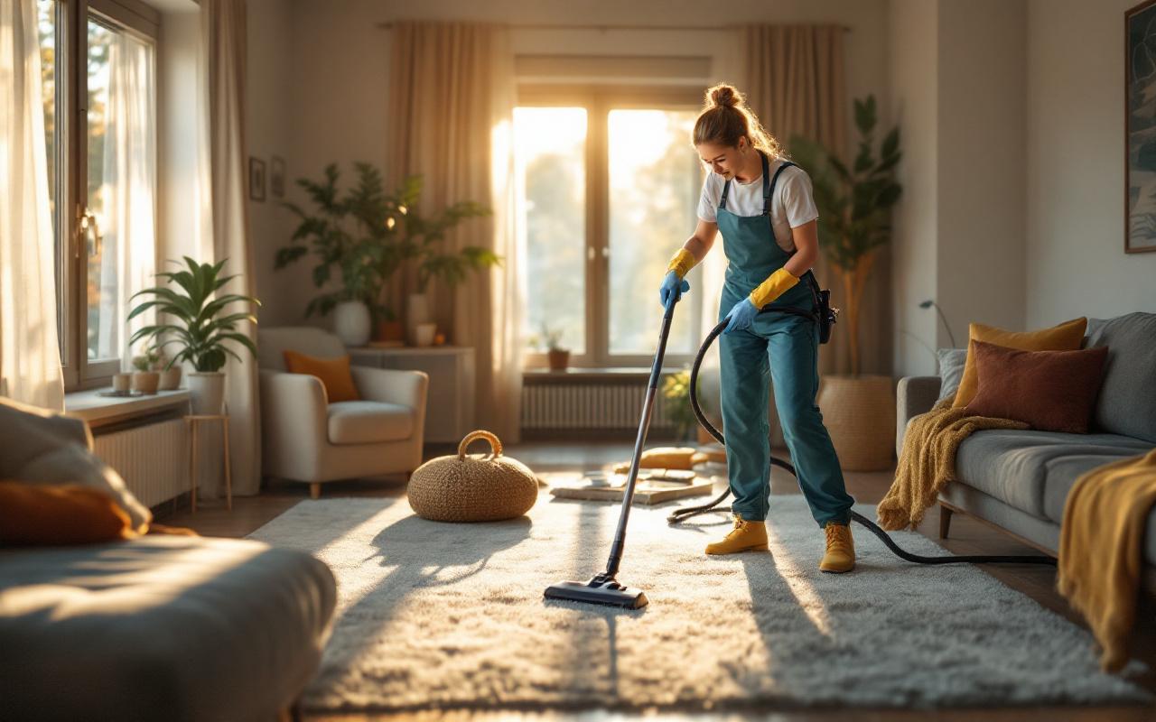 Agent de ménage professionnel aspirant le salon d'une maison familiale, portant un uniforme, lumière du matin douce et volumétrique traversant la fenêtre, canapé clair et sol en bois visibles, ambiance chaleureuse et réaliste.