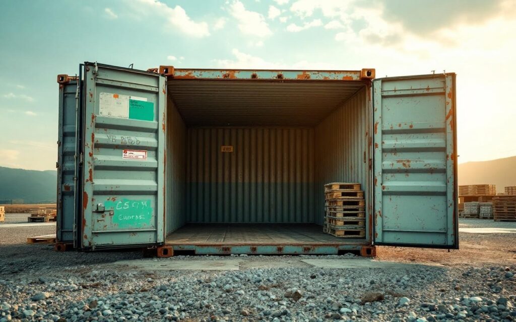 un-conteneur-dexpedition-aux-portes-ouvertes-sur-un-chantier-pose-sur-un-sol-gravillonne-entoure-de-palettes-et-de-materiel-interieur-metallique-use-visible-eclaire-par-une-lumiere-naturelle