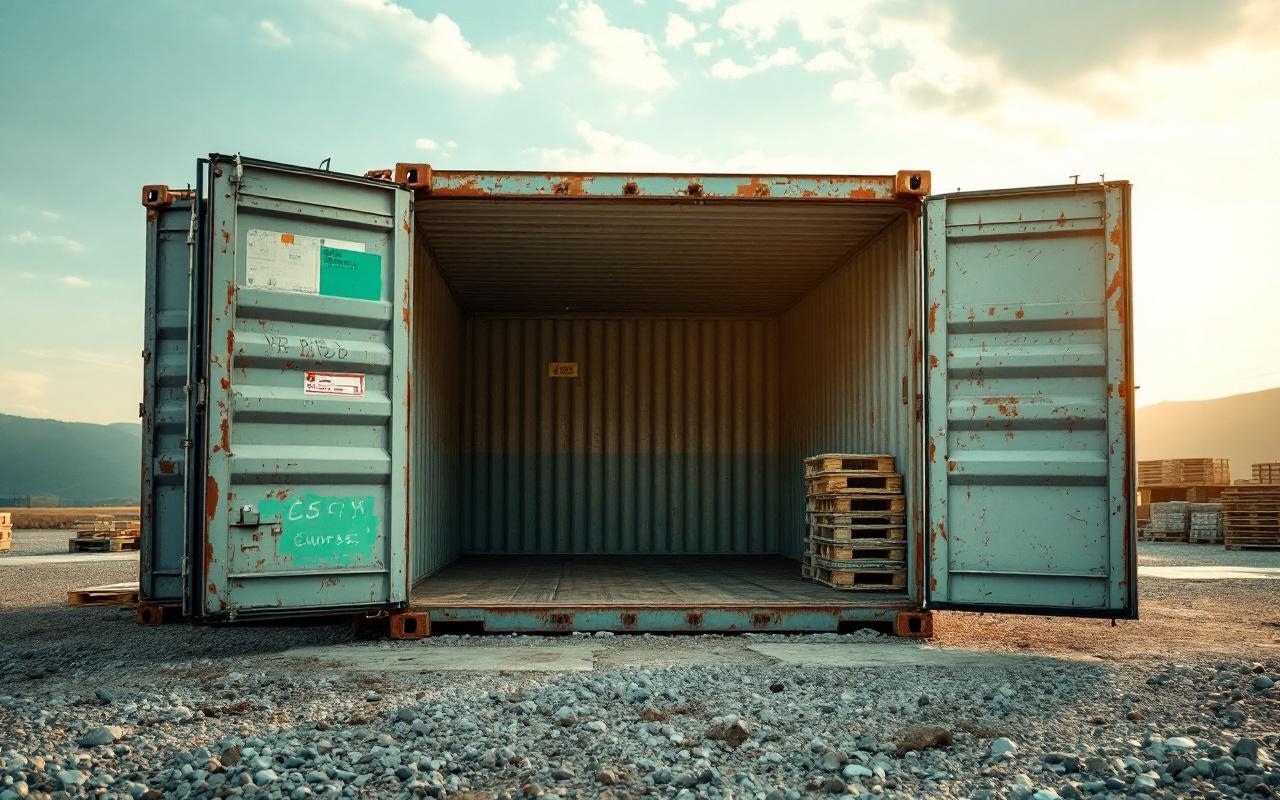 un-conteneur-dexpedition-aux-portes-ouvertes-sur-un-chantier-pose-sur-un-sol-gravillonne-entoure-de-palettes-et-de-materiel-interieur-metallique-use-visible-eclaire-par-une-lumiere-naturelle