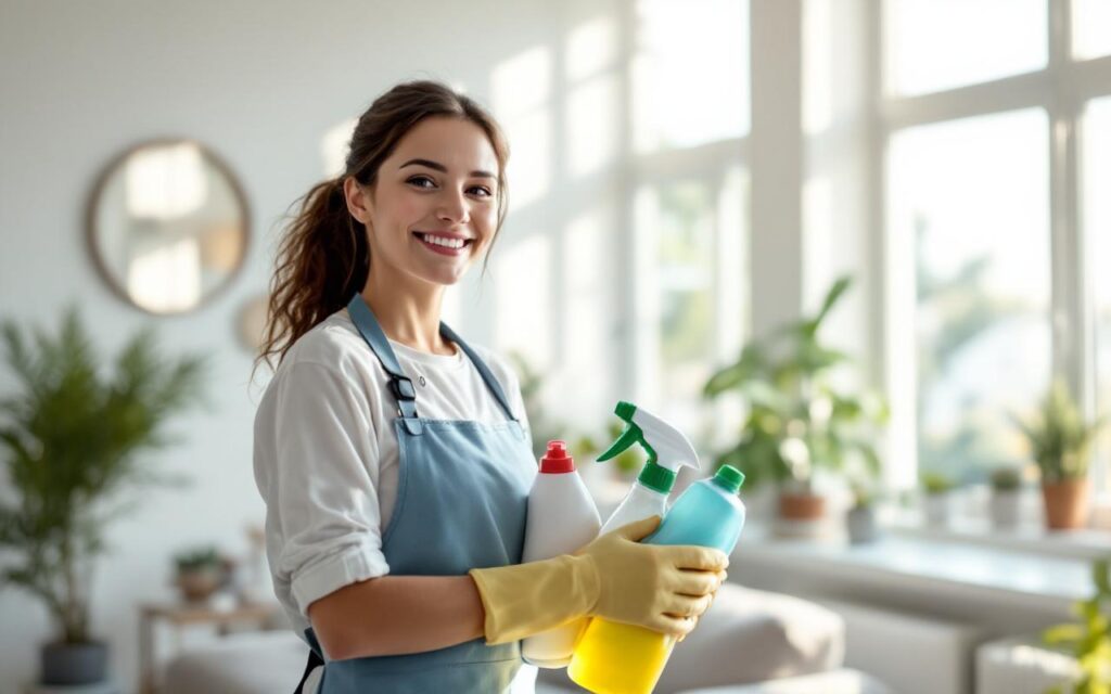 Femme de ménage souriante tenant des produits de nettoyage dans un appartement moderne et lumineux, décor minimaliste avec accents bleus et verts, lumière volumétrique douce traversant de grandes fenêtres.