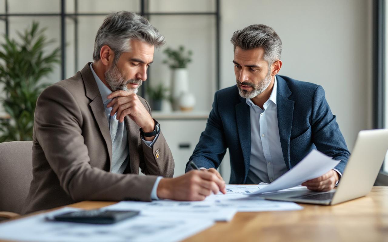 Investisseur immobilier et comptable assis dans un bureau moderne, discutant d'une strategie fiscale avec ordinateur portable, documents, calculatrice et plans de propriete sur la table, lumiere naturelle douce, atmosphere professionnelle et concentree.