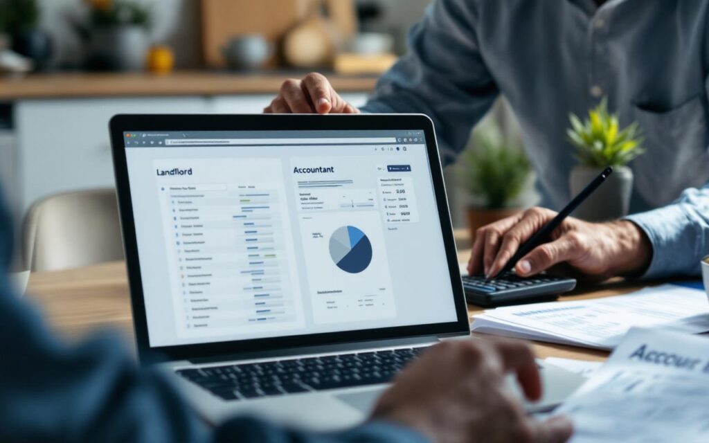 Propriétaire assis à une table, consultant un ordinateur portable montrant des logiciels de comptabilité et des devis d'expert-comptable, avec papiers, calculatrice et tasse de café à côté, lumière naturelle douce entrant par la fenêtre.