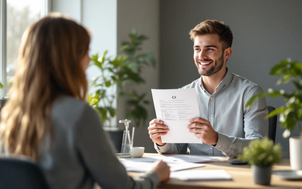 Un jeune homme candidat en agence d’intérim à Saint-Brieuc, CV en main, échange avec la réception dans un bureau de recrutement en Bretagne, ambiance professionnelle et calme.