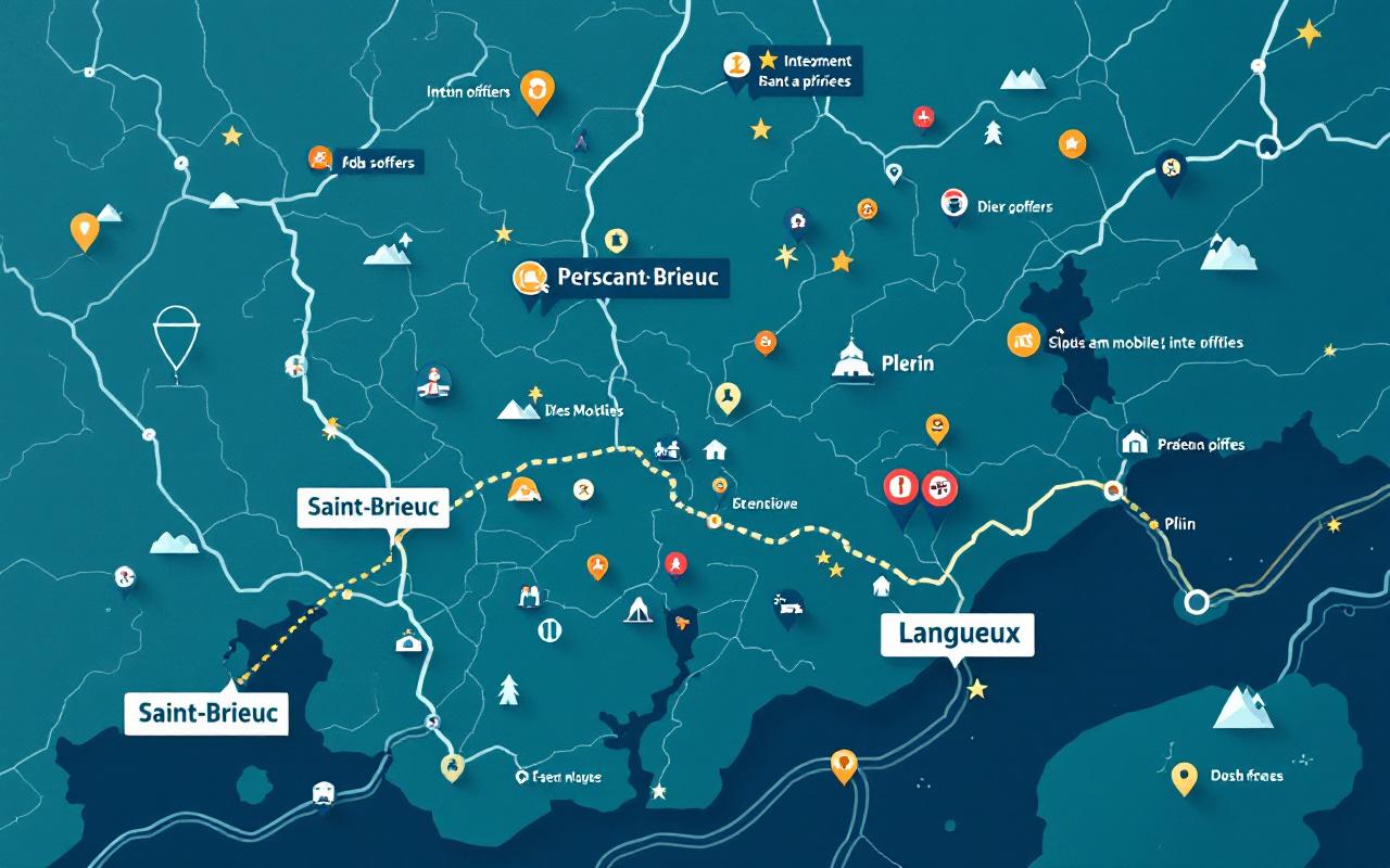 Carte stylisée de Saint-Brieuc, Plérin et Langueux avec des pictogrammes d’offres d’emploi, d’informations de mobilité et de missions d’intérim.