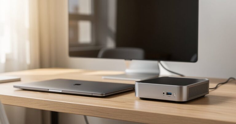 Mini-PC posé à côté d'un ordinateur portable sur un bureau à domicile