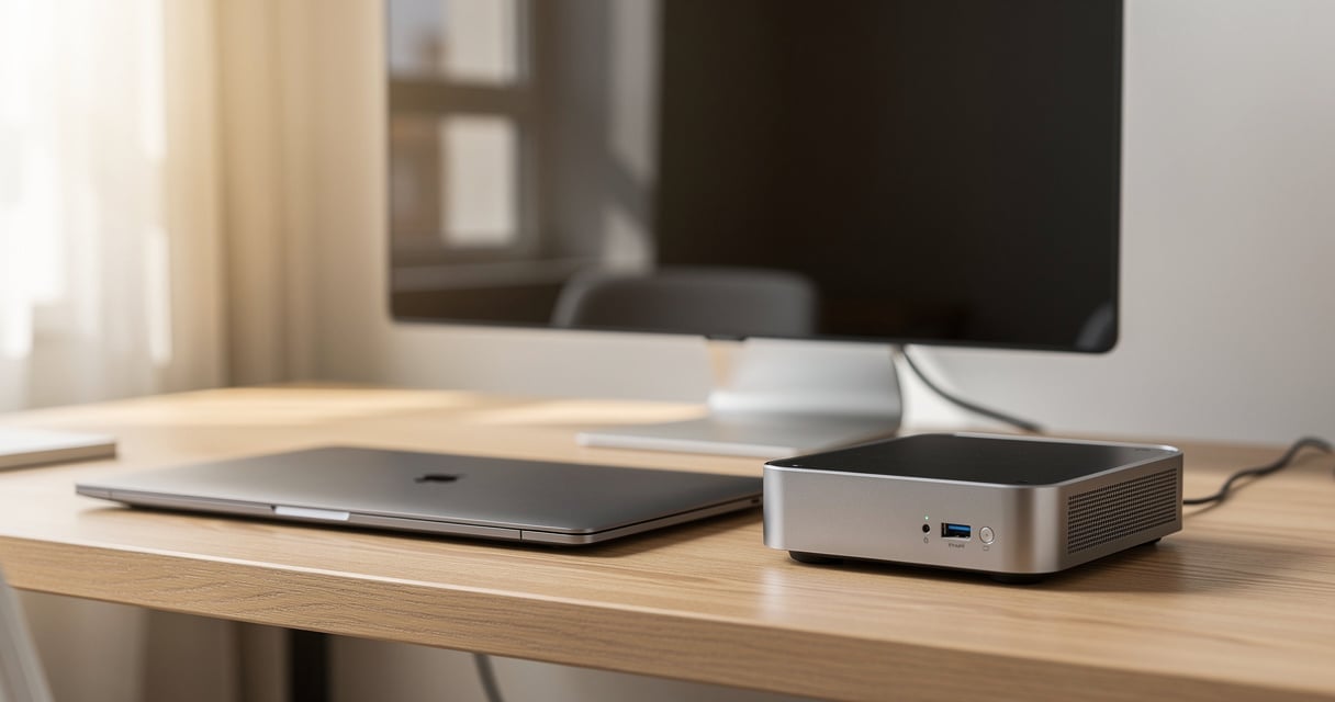 Mini-PC posé à côté d'un ordinateur portable sur un bureau à domicile