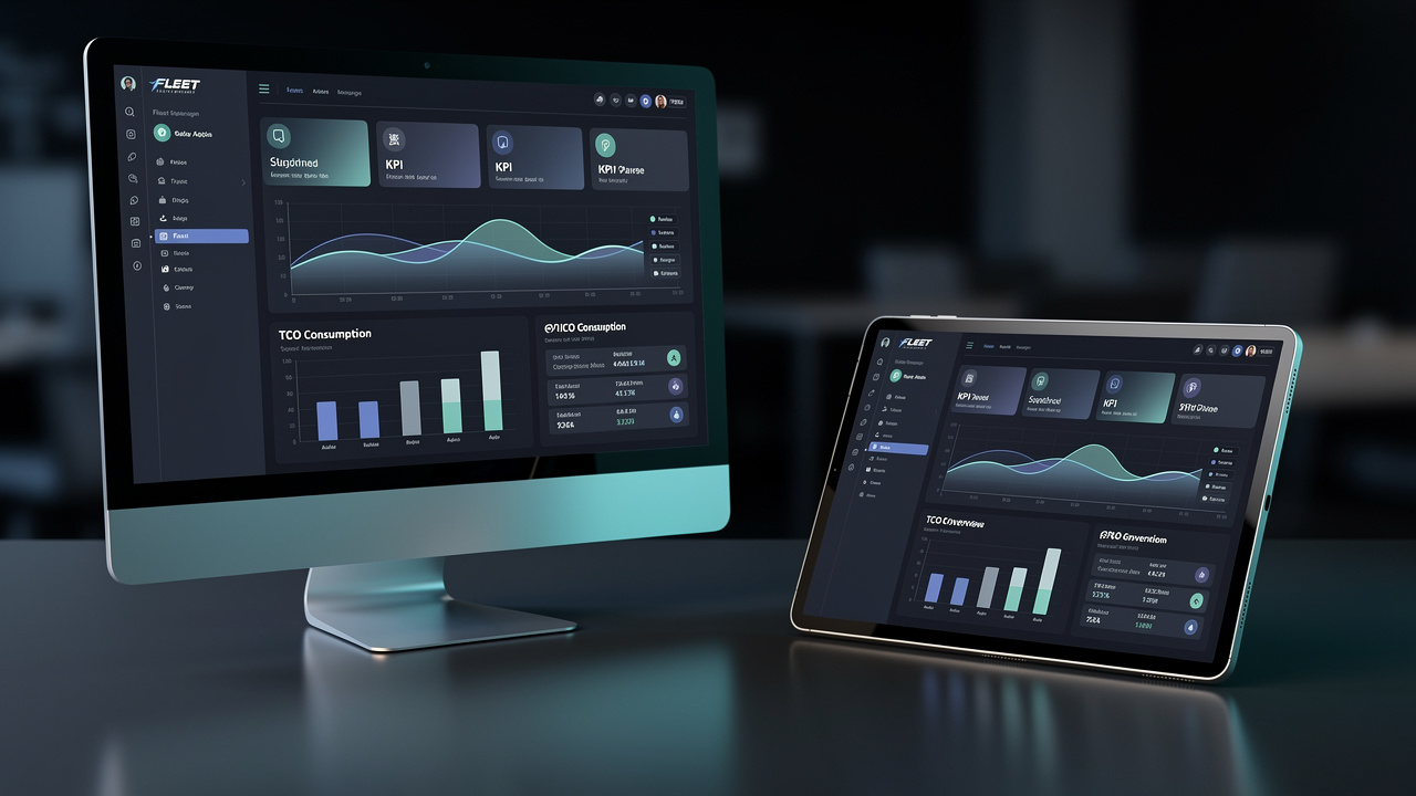 Écran d’ordinateur et tablette montrant un tableau de bord de gestion de flotte avec indicateurs KPI, aperçu du TCO, graphiques de consommation de carburant et alertes de maintenance.