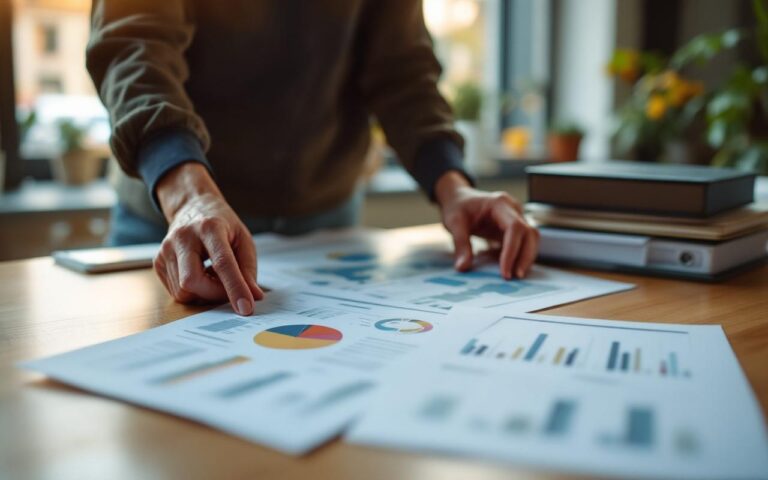 Entrepreneur préparant la création de son entreprise à Strasbourg sur un bureau, avec cartes, feuilles de budget et documents administratifs soigneusement rangés.