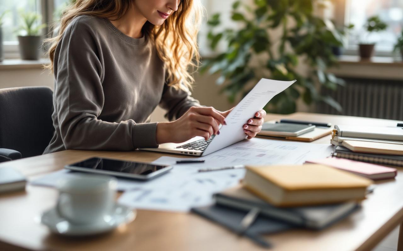 Une femme entrepreneur prépare son lancement dans un espace de travail moderne, consultant des documents et utilisant un ordinateur, avec une ambiance professionnelle et une lumière naturelle.