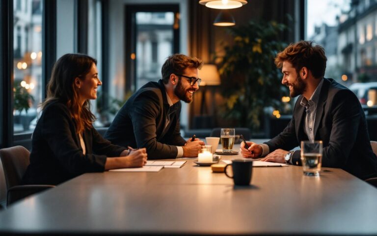 Des entrepreneurs discutent autour d’une table lors d’un événement business moderne à Strasbourg, dans une ambiance professionnelle et chaleureuse, éclairage doux et décor contemporain.