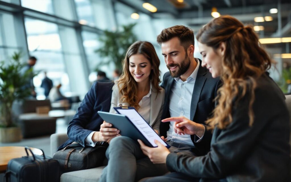 Une équipe commerciale dans un hall d’aéroport consulte une liste de contrôle d’assurance voyage sur tablette et sur un carnet avant un déplacement professionnel international
