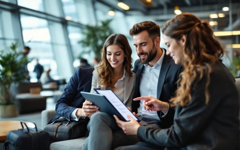 Une équipe commerciale dans un hall d’aéroport consulte une liste de contrôle d’assurance voyage sur tablette et sur un carnet avant un déplacement professionnel international