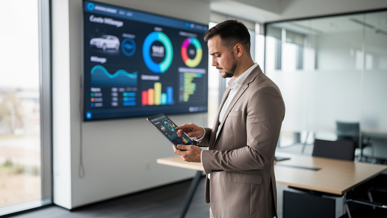 Responsable de flotte dans un bureau moderne consultant sur une tablette un tableau de bord centralisé affichant des indicateurs de coûts, kilométrage et maintenance pour les véhicules.