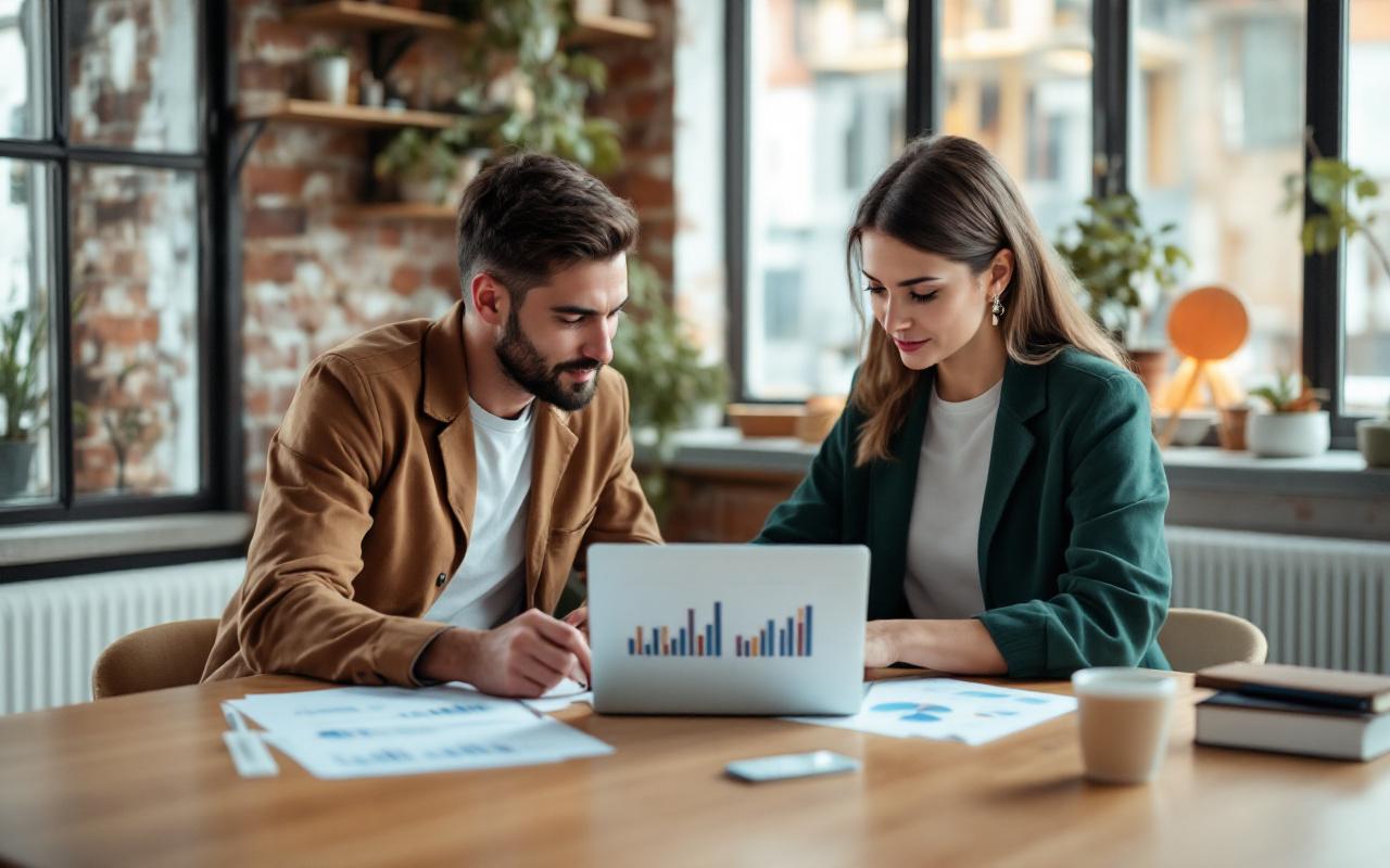 Réunion de création d’entreprise en Alsace dans un espace de coworking : un expert-comptable et une entrepreneure échangent autour d’un ordinateur avec des tableaux financiers, sous une lumière naturelle chaleureuse.