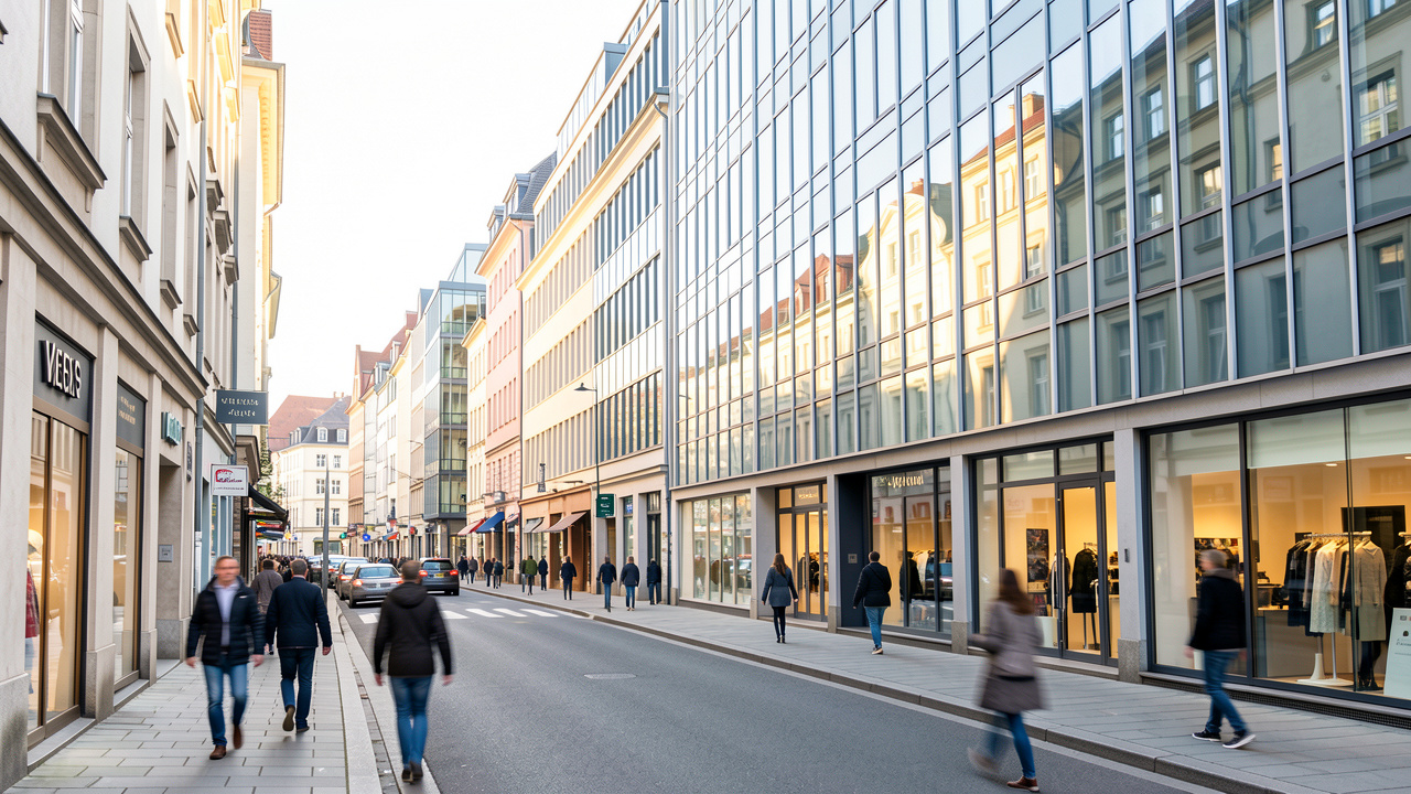 Vue urbaine de Strasbourg avec vitrines et immeubles de bureaux, rues animées, ambiance professionnelle lumineuse au lever du jour.