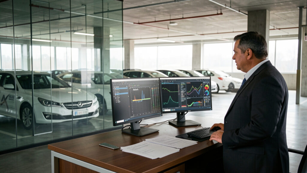 Un gestionnaire observe plusieurs véhicules d’entreprise dans un parking moderne, près d’un poste de suivi avec des écrans de contrôle et des tableaux.
