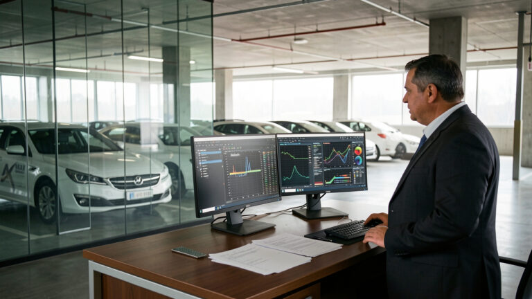 Un gestionnaire observe plusieurs véhicules d’entreprise dans un parking moderne, près d’un poste de suivi avec des écrans de contrôle et des tableaux.
