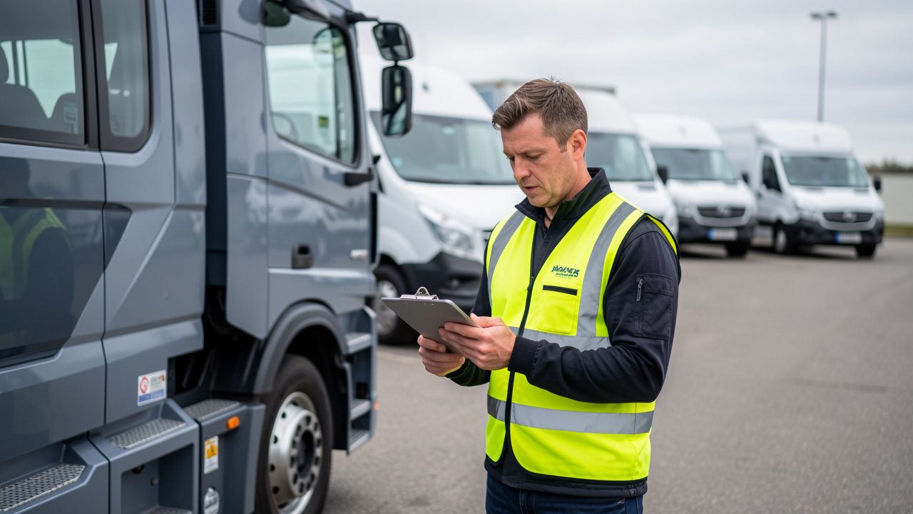 Un responsable de flotte en gilet haute visibilité vérifie une tablette près d’un véhicule, tandis que plusieurs vans sont stationnés en arrière-plan avec un tableau de bord professionnel.
