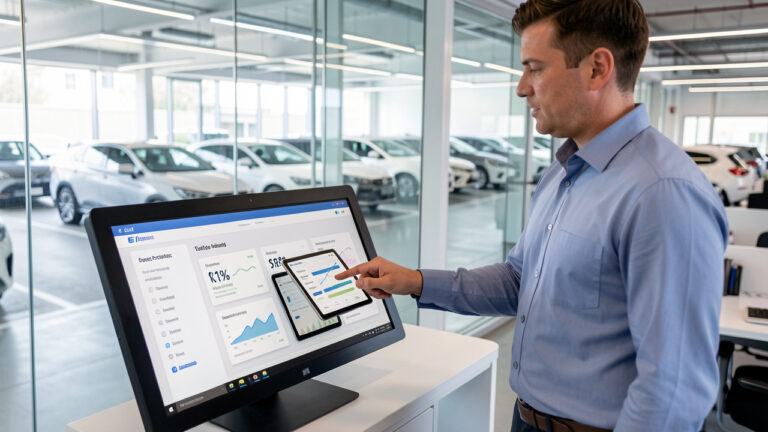 Responsable de flotte devant un tableau de bord KPI dans un bureau moderne, avec des voitures d’entreprise visibles en arrière-plan.
