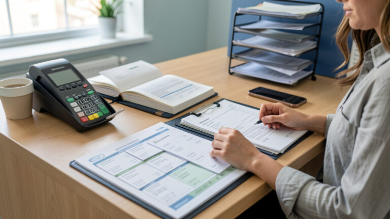 Scène réaliste d’une agence avec terminal de paiement, caisse et documents bancaires, montrant le suivi minutieux des pourboires en comptabilité.
