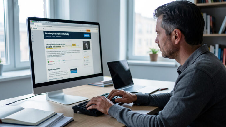 Photo documentaire éditoriale : un homme analyse l’historique d’une page sur un écran dans un bureau, ambiance veille digitale B2B, lumière naturelle et reflet de l’écran.