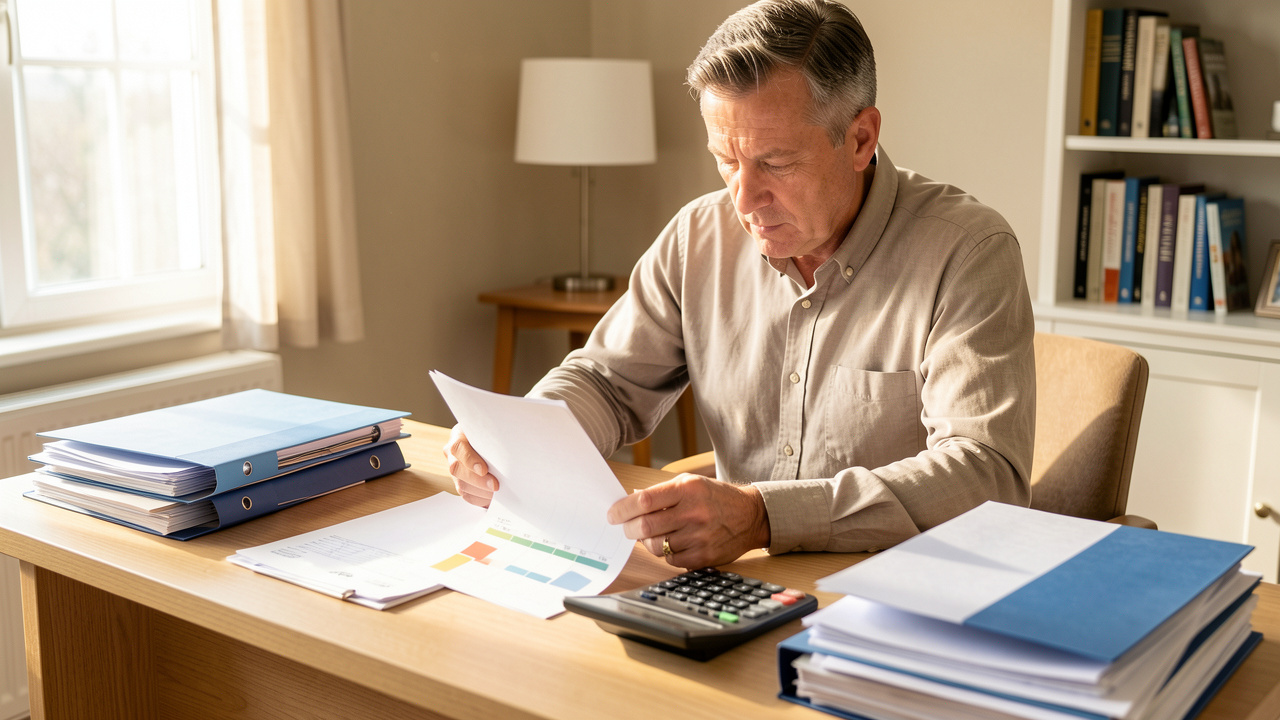 Un homme bailleur organise des factures vierges, un calendrier fiscal et des documents locatifs sur un bureau lumineux.