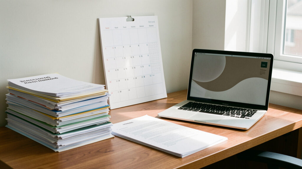 Bureau professionnel lumineux avec dossiers locatifs soigneusement rangés, calendrier vierge, ordinateur portable et documents organisés.