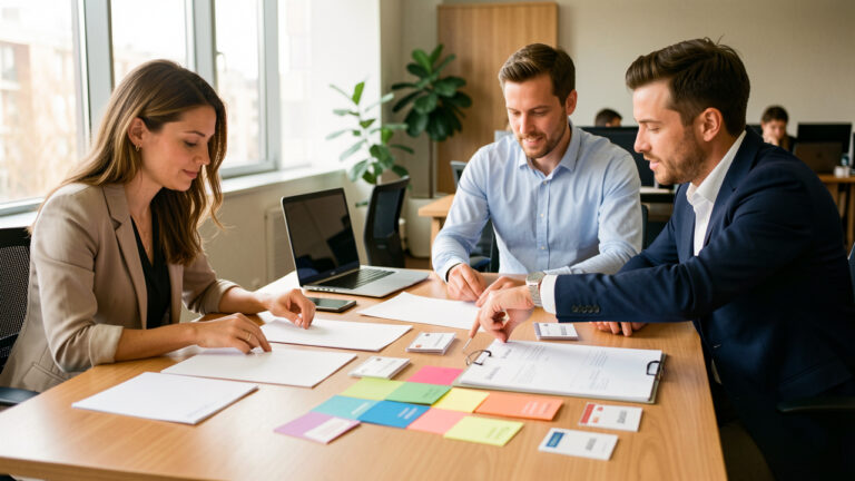 Une équipe composée de deux femmes et deux hommes prépare un événement d’entreprise autour d’une table, avec des documents vierges, des cartes colorées et des badges sans inscription.
