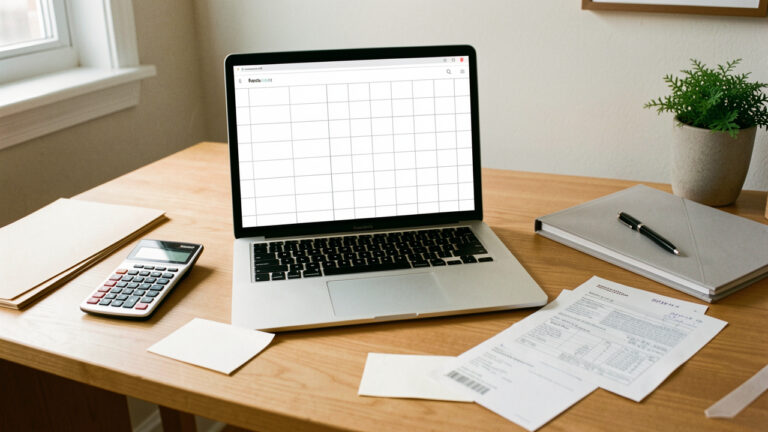 Bureau à domicile organisé avec un ordinateur portable, des dossiers vierges, des papiers et une calculatrice évoquant la tenue d’une comptabilité locative.