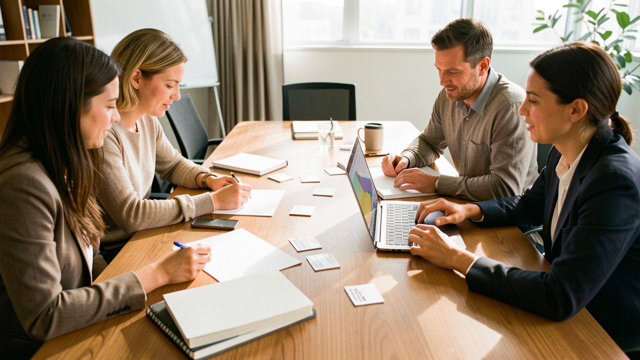 Équipe marketing composée de deux femmes et d’un homme préparant un événement professionnel autour d’une table avec des documents vierges, des badges sans inscription et un ordinateur portable.