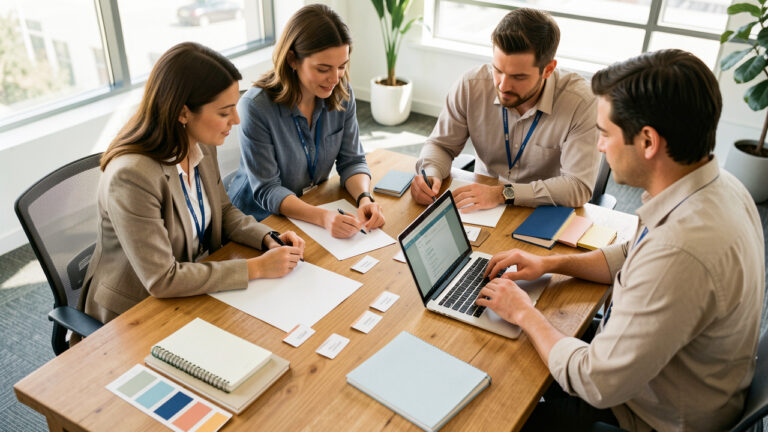 Une équipe marketing composée de deux femmes et d’un homme prépare un événement professionnel autour d’une table avec des documents vierges, des badges sans inscription et un ordinateur portable.