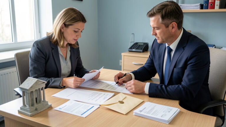 Une salariée et un conseiller juridique organisent des documents et une enveloppe sur un bureau afin de préparer un recours administratif.