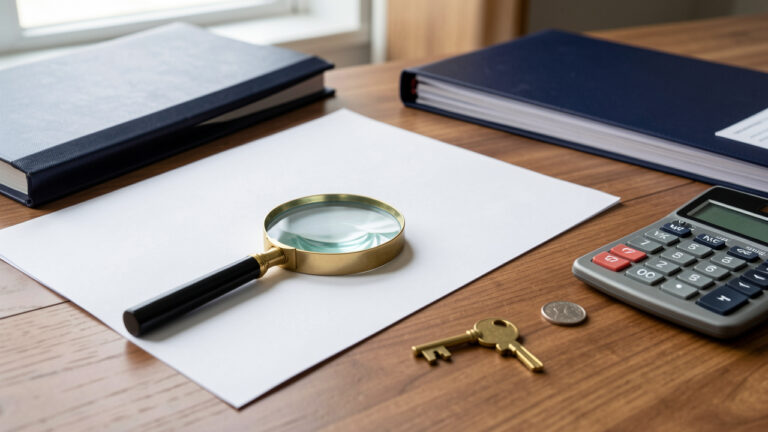 Bureau professionnel présentant des documents vierges, une loupe, une clé, des dossiers financiers et une calculatrice pour symboliser les vérifications avant le rachat d’une entreprise.