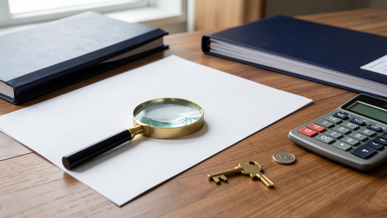 Bureau professionnel présentant des documents vierges, une loupe, une clé, des dossiers financiers et une calculatrice pour symboliser les vérifications avant le rachat d’une entreprise.