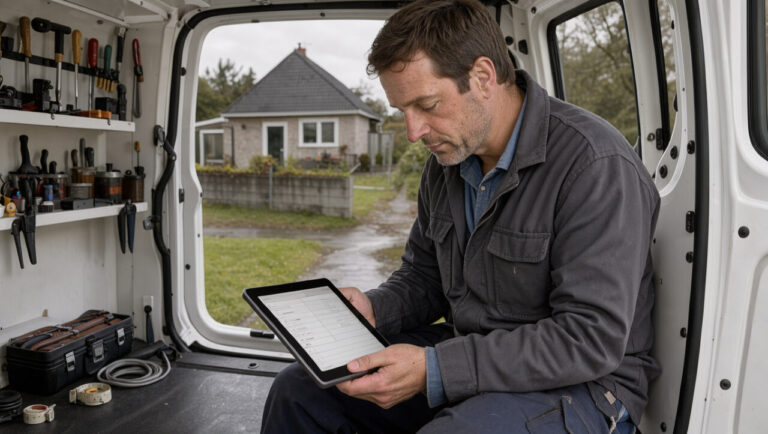 Artisan homme dans un véhicule utilitaire, consultant une tablette devant une maison individuelle en Bretagne.