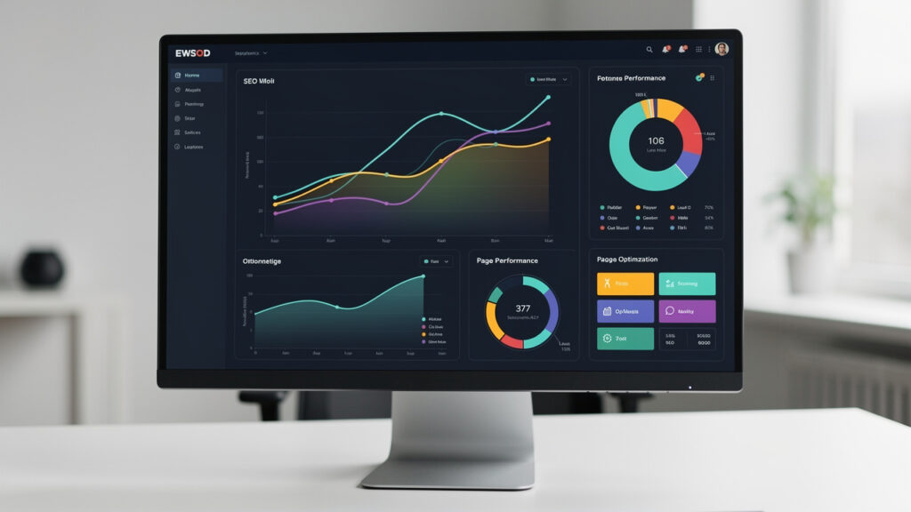 Écran d’analyse SEO présentant des graphiques abstraits de performance et des zones de pages à optimiser dans une ambiance professionnelle sobre.