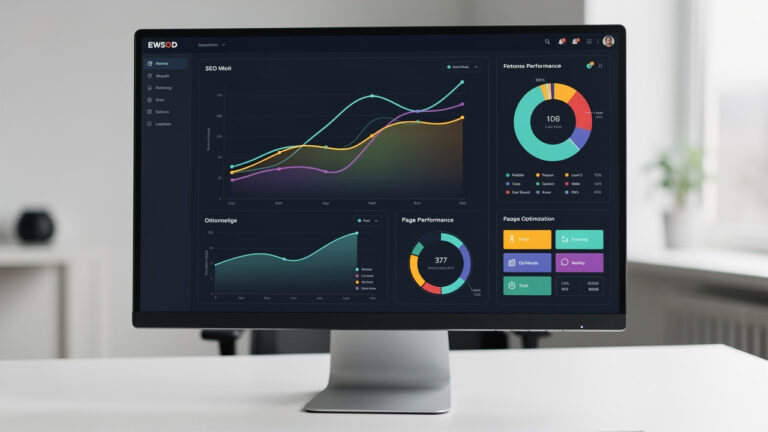 Écran d’analyse SEO présentant des graphiques abstraits de performance et des zones de pages à optimiser dans une ambiance professionnelle sobre.