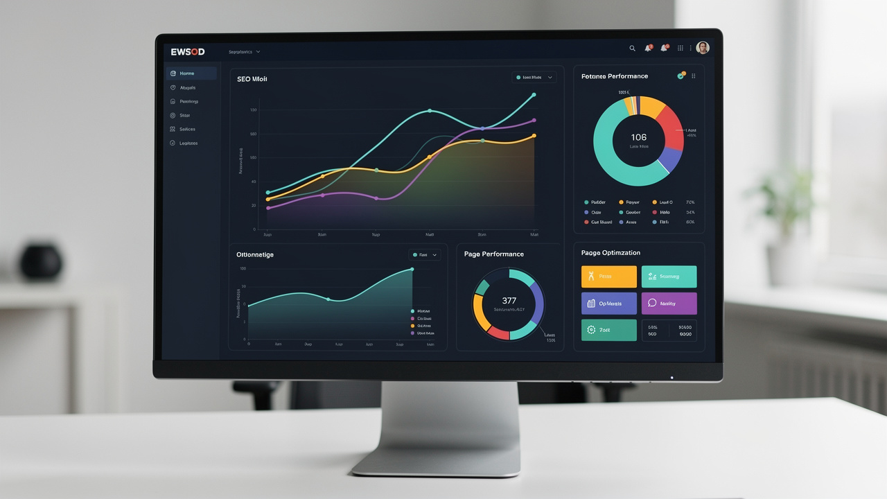 Écran d’analyse SEO présentant des graphiques abstraits de performance et des zones de pages à optimiser dans une ambiance professionnelle sobre.