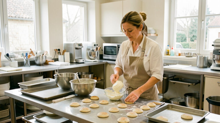 Une entrepreneuse culinaire prépare des pâtisseries sur des plans de travail en inox dans une cuisine professionnelle partagée et lumineuse près d’Angers.