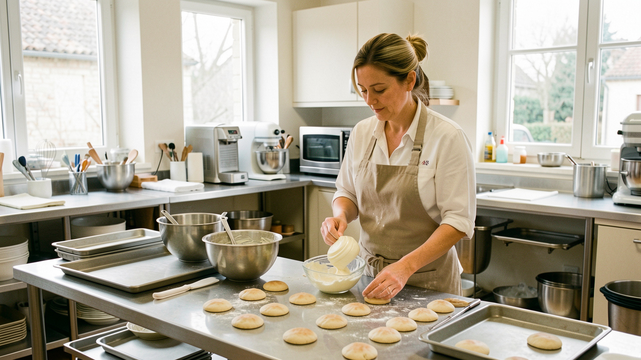 Une entrepreneuse culinaire prépare des pâtisseries sur des plans de travail en inox dans une cuisine professionnelle partagée et lumineuse près d’Angers.